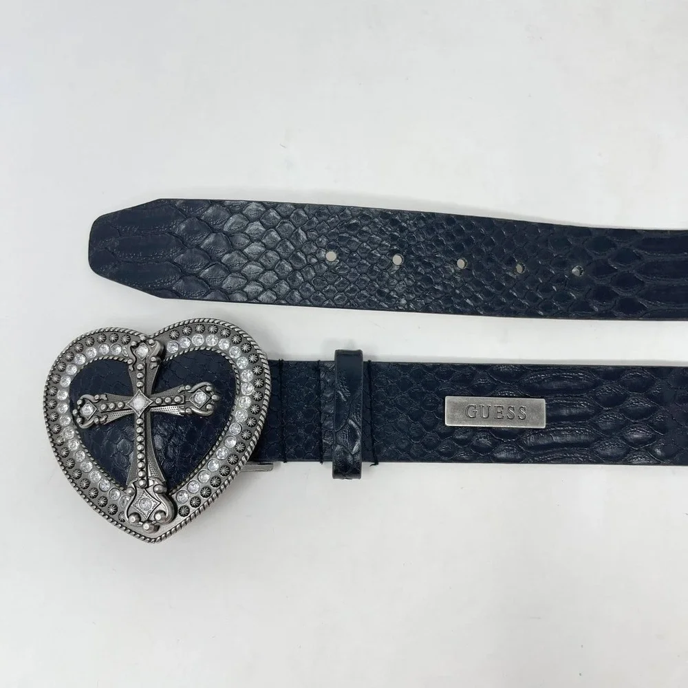 Y2K Guess Belt Wms Medium Heart Cross Silver Rhinestone Buckle Black Embossed